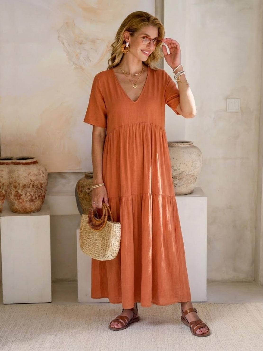 Women's V-Neck Maxi Dress with Tiered Design and Short Sleeves