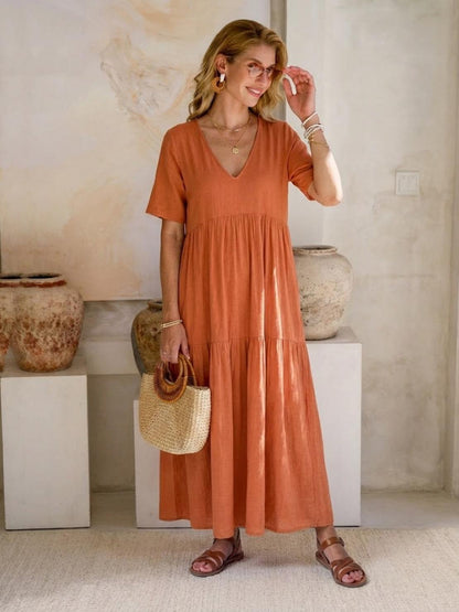 Women's V-Neck Maxi Dress with Tiered Design and Short Sleeves