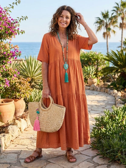 Women's V-Neck Maxi Dress with Tiered Design and Short Sleeves