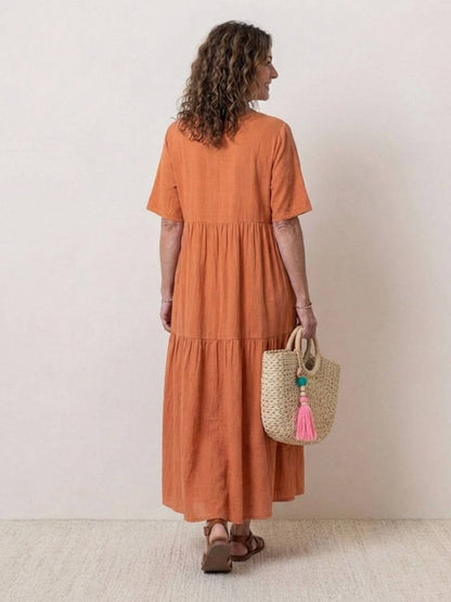 Women's V-Neck Maxi Dress with Tiered Design and Short Sleeves