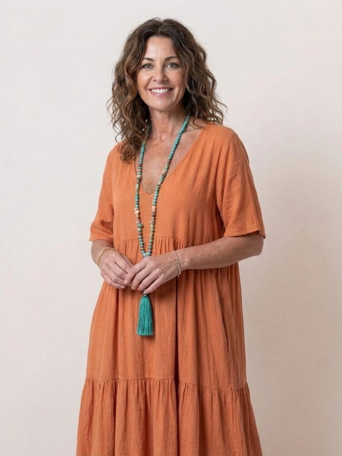 Women's V-Neck Maxi Dress with Tiered Design and Short Sleeves