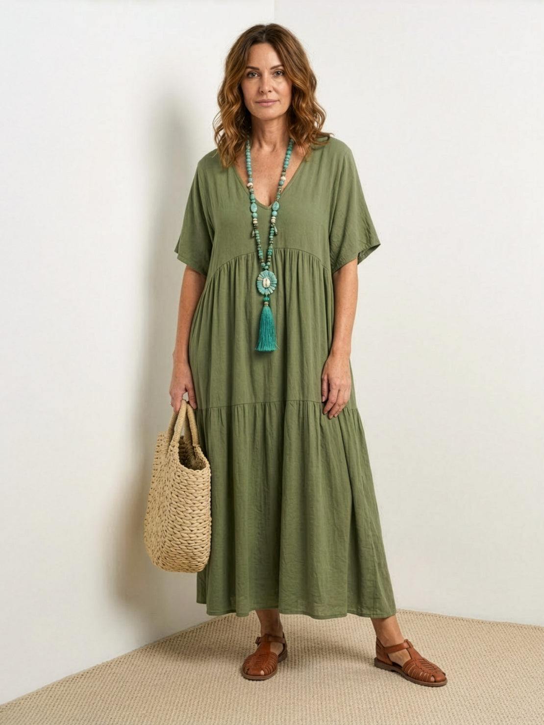 Women's V-Neck Maxi Dress with Tiered Design and Short Sleeves