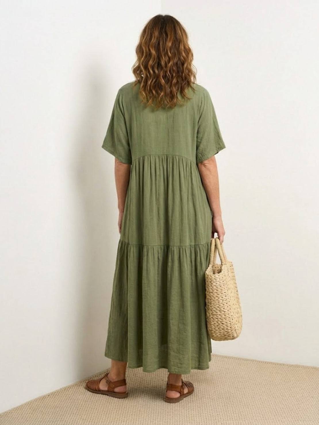 Women's V-Neck Maxi Dress with Tiered Design and Short Sleeves