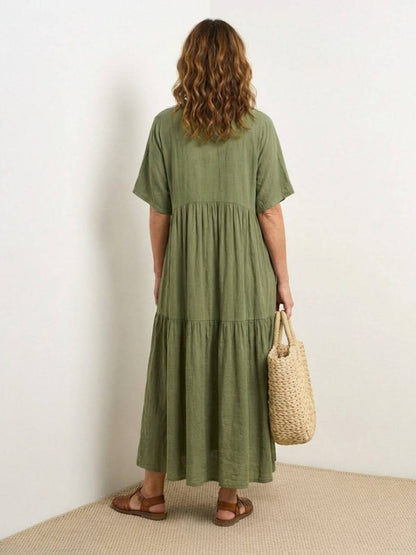 Women's V-Neck Maxi Dress with Tiered Design and Short Sleeves