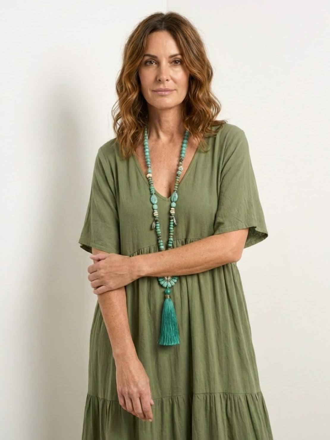Women's V-Neck Maxi Dress with Tiered Design and Short Sleeves