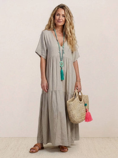 Women's V-Neck Maxi Dress with Tiered Design and Short Sleeves