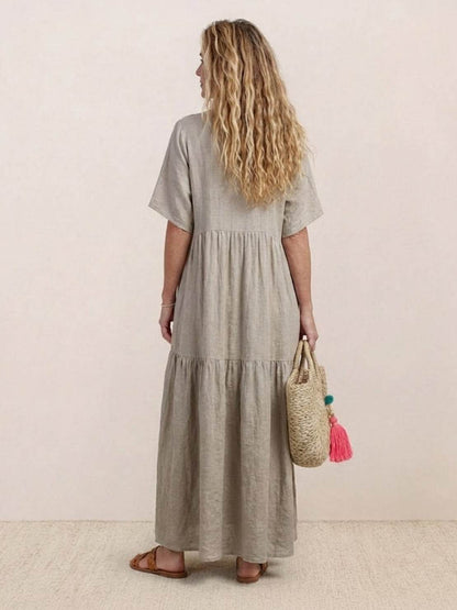 Women's V-Neck Maxi Dress with Tiered Design and Short Sleeves