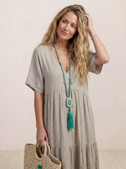 Women's V-Neck Maxi Dress with Tiered Design and Short Sleeves