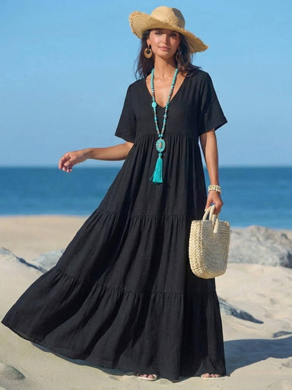 Women's V-Neck Maxi Dress with Tiered Design and Short Sleeves