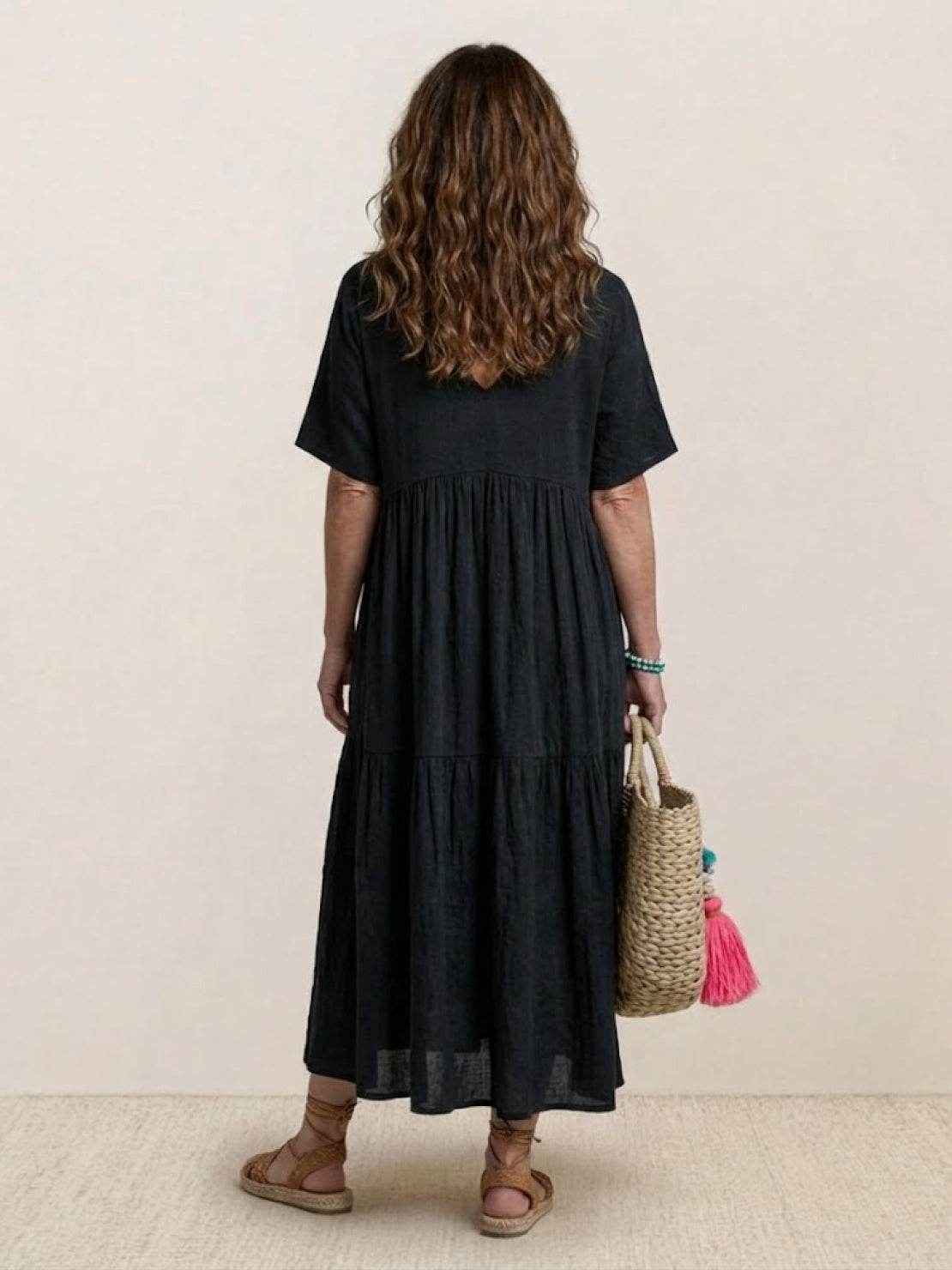 Women's V-Neck Maxi Dress with Tiered Design and Short Sleeves