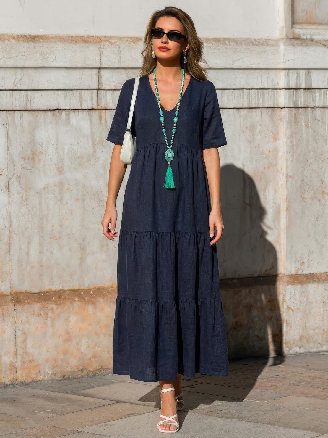 Women's V-Neck Maxi Dress with Tiered Design and Short Sleeves