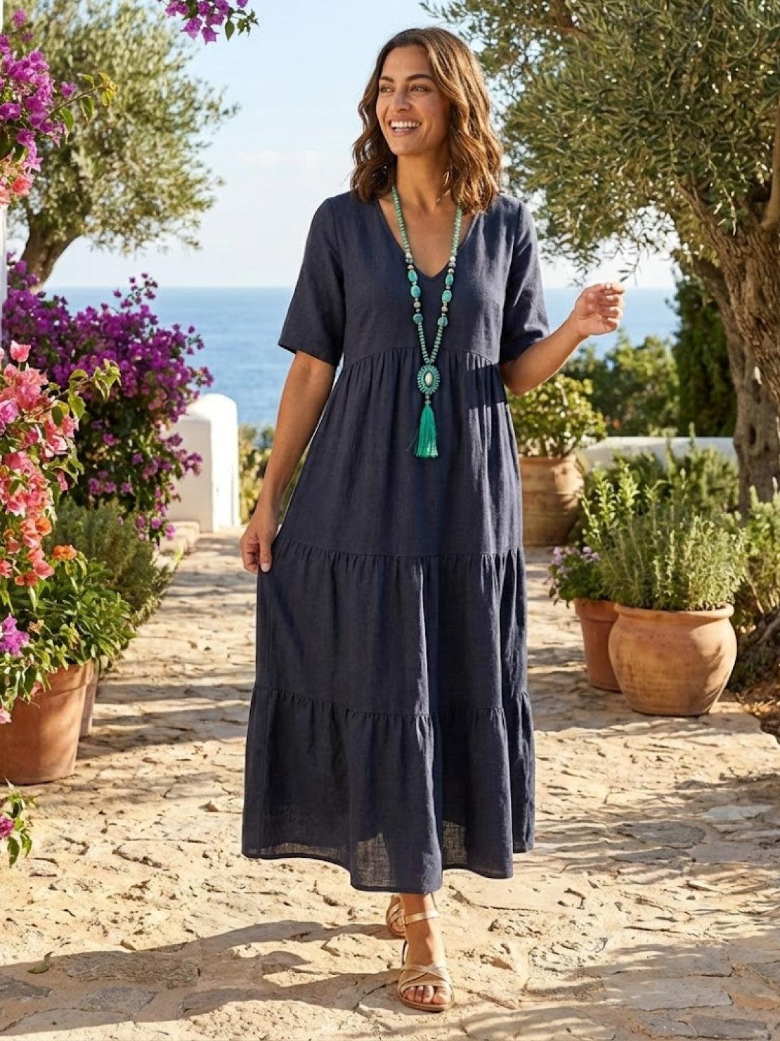 Women's V-Neck Maxi Dress with Tiered Design and Short Sleeves
