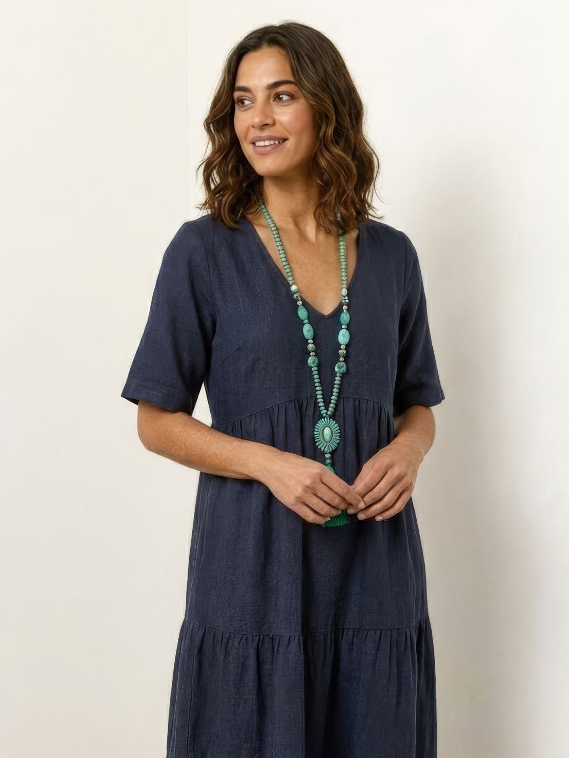 Women's V-Neck Maxi Dress with Tiered Design and Short Sleeves