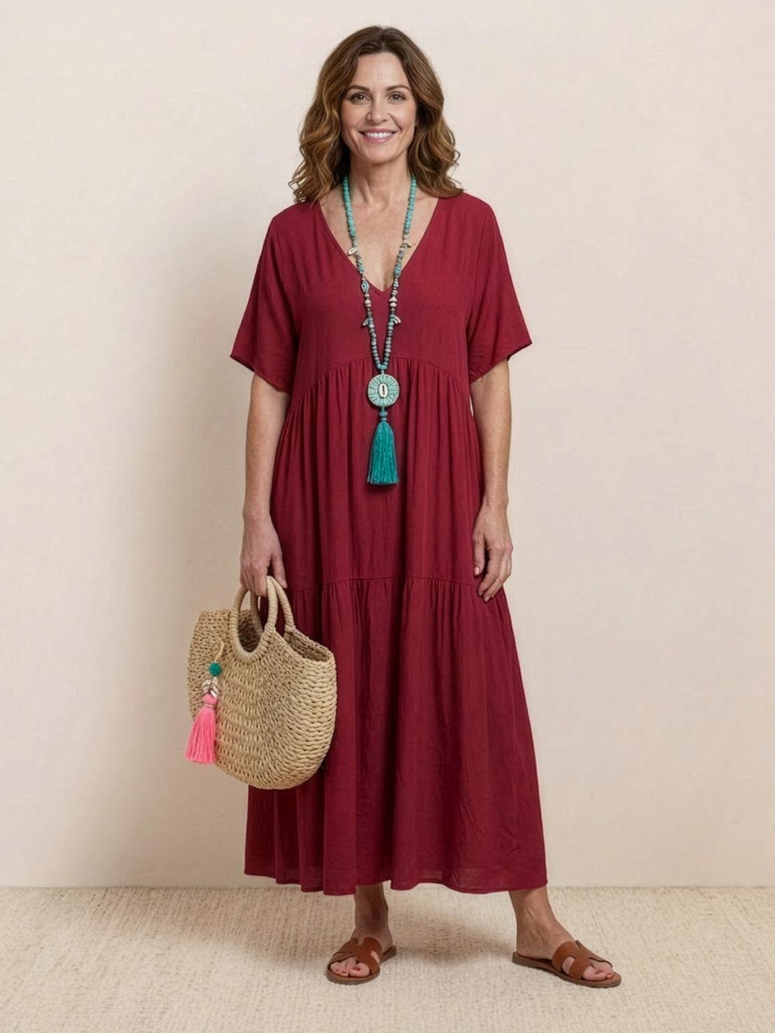 Women's V-Neck Maxi Dress with Tiered Design and Short Sleeves