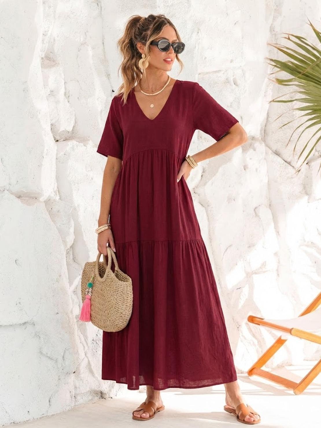 Women's V-Neck Maxi Dress with Tiered Design and Short Sleeves