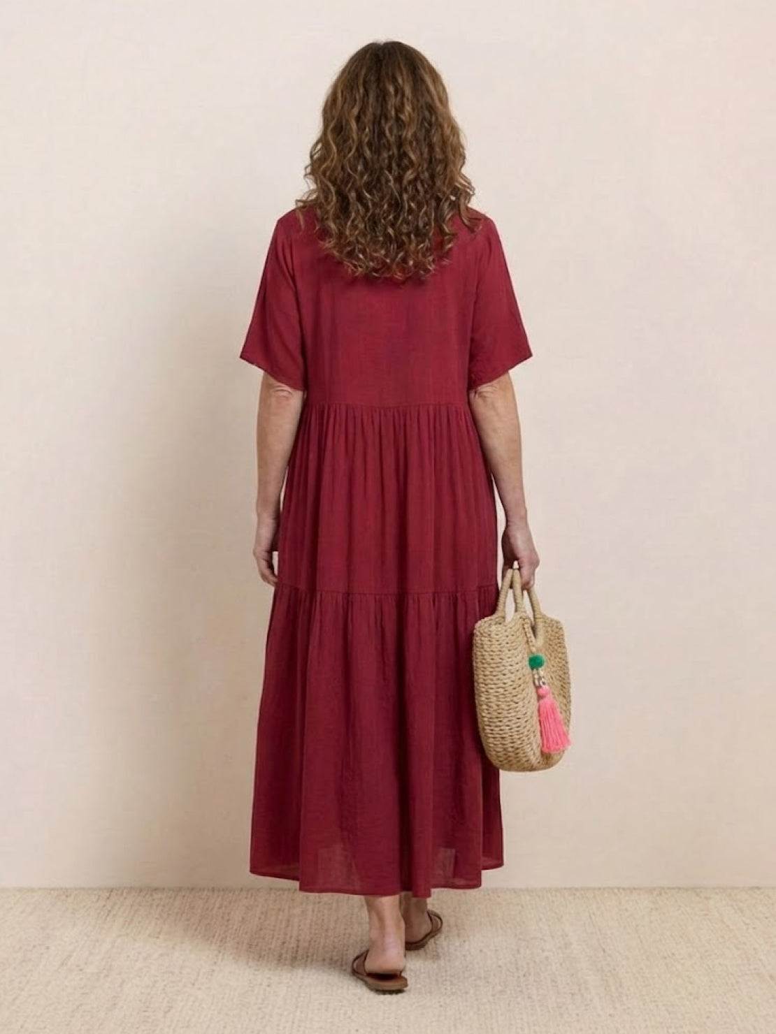 Women's V-Neck Maxi Dress with Tiered Design and Short Sleeves