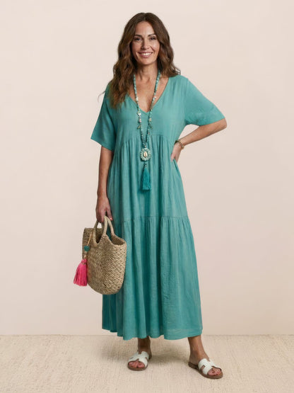 Bohemian Inspired V-Neck Silk Blend Flowing Sun Kissed Terracotta All Day Maxi Dress