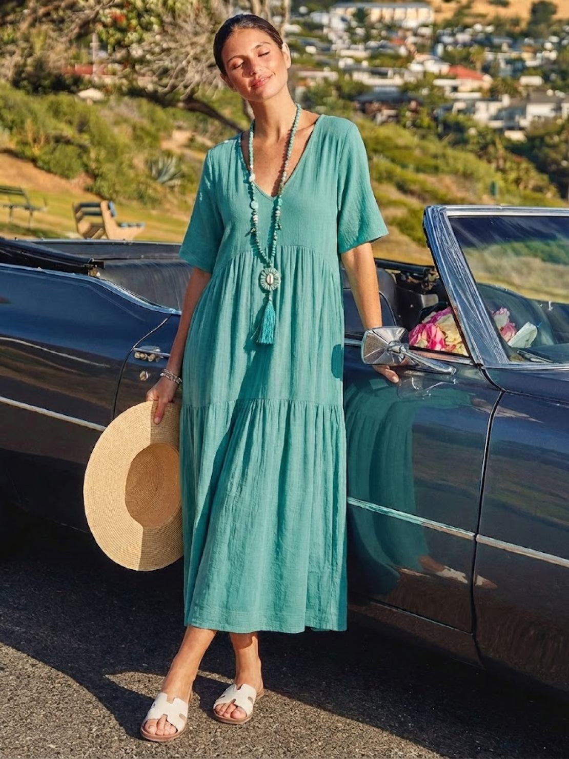 Women's V-Neck Maxi Dress with Tiered Design and Short Sleeves