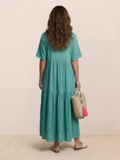 Women's V-Neck Maxi Dress with Tiered Design and Short Sleeves