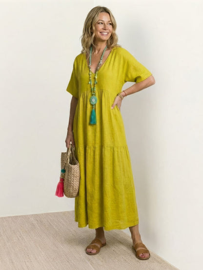 Women's V-Neck Maxi Dress with Tiered Design and Short Sleeves