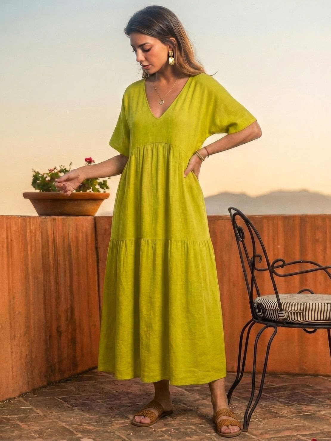 Women's V-Neck Maxi Dress with Tiered Design and Short Sleeves