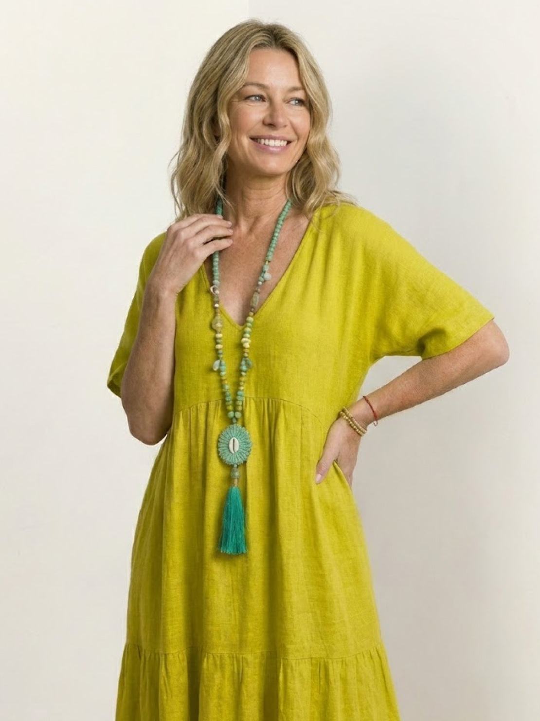 Women's V-Neck Maxi Dress with Tiered Design and Short Sleeves