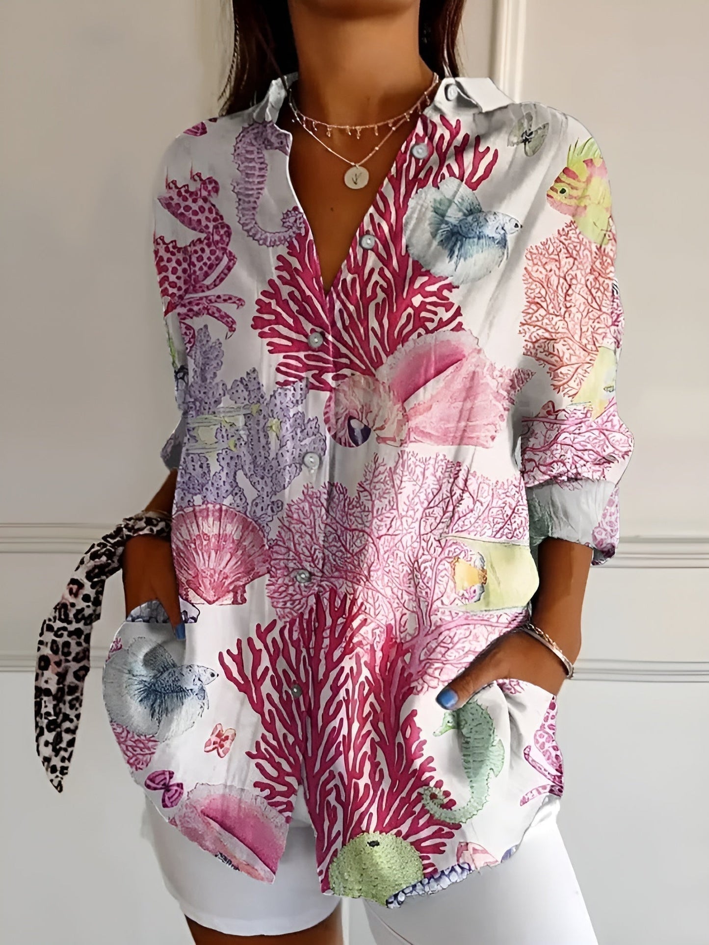 Women's Blouse with Whimsical Prints and Lightweight Fabric