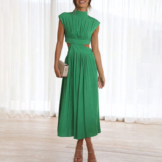 Effortless Flattering Halter Neck Linen Blend Draped Breezy Dress For Summer Evenings