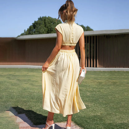 Effortless Flattering Halter Neck Linen Blend Draped Breezy Dress For Summer Evenings
