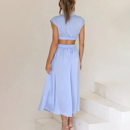 Effortless Flattering Halter Neck Linen Blend Draped Breezy Dress For Summer Evenings