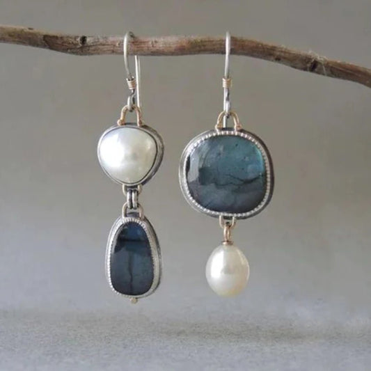Women's Vintage Earrings with Blue Gem and Pearl Accents