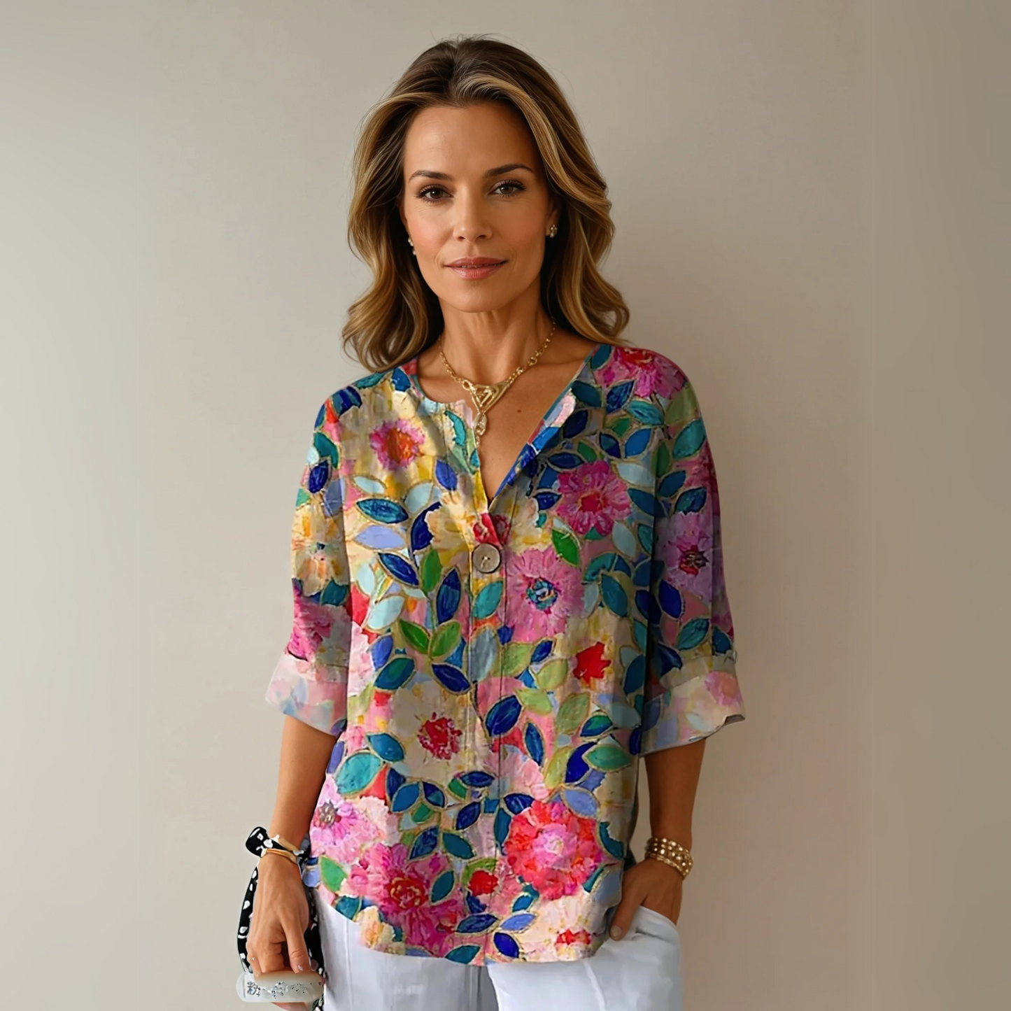 Women's Floral Print Blouse with Short Sleeves and Lightweight Fabric