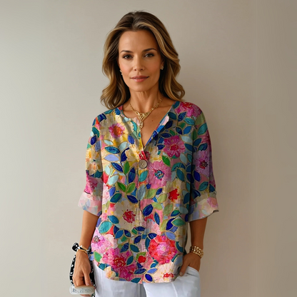 Women's Floral Print Blouse with Short Sleeves and Lightweight Fabric