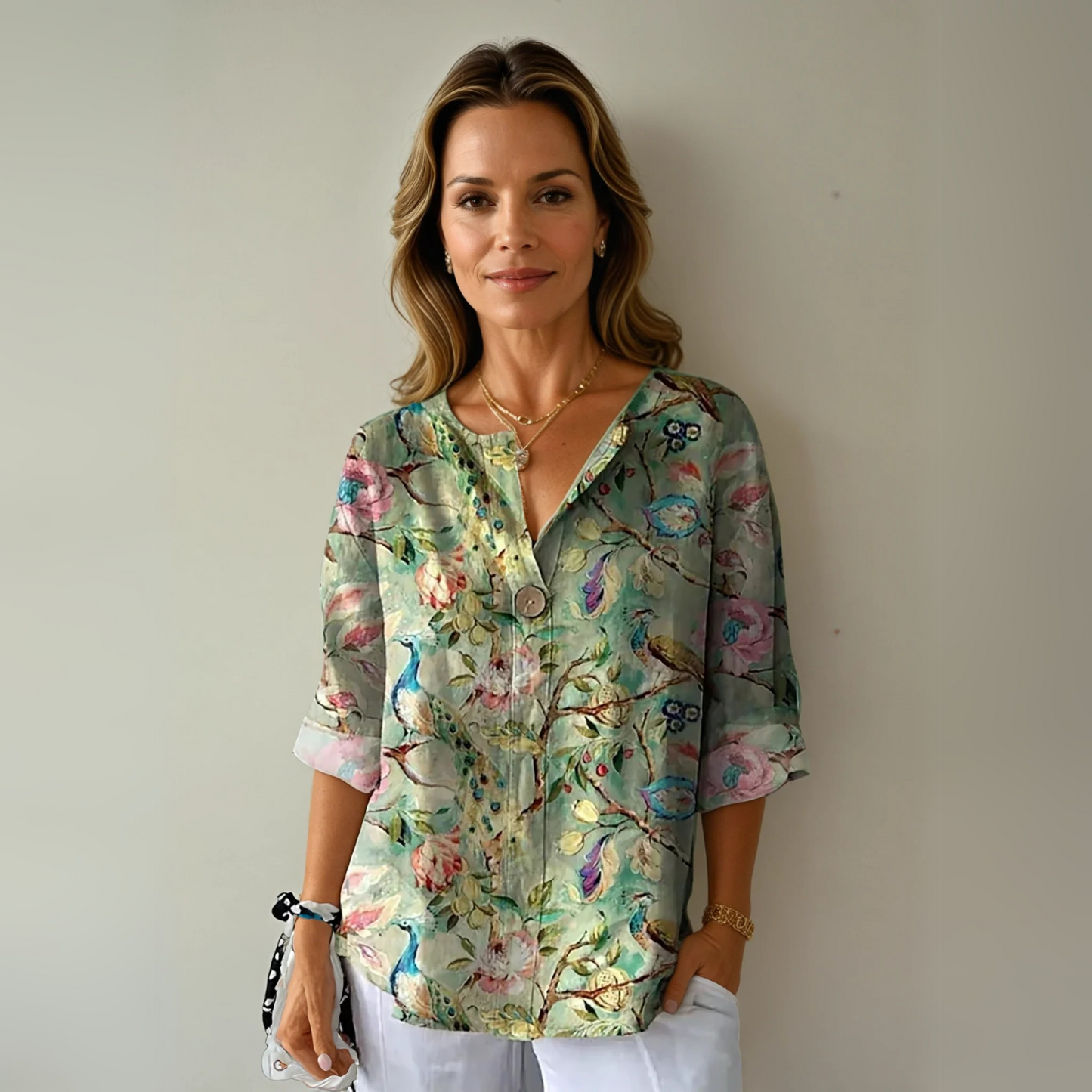 Women's Floral Print Blouse with Short Sleeves and Lightweight Fabric