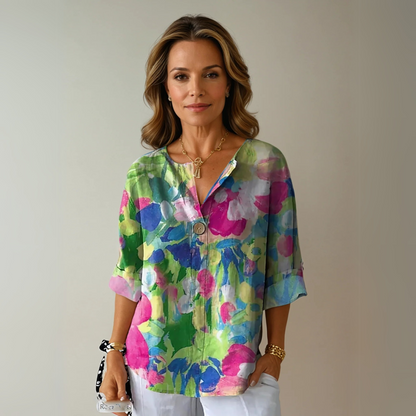 Women's Floral Print Blouse with Short Sleeves and Lightweight Fabric