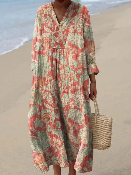 Effortless Luxurious Bohemian Antiqued Floral Print Pockets Silhouette Midi Dress