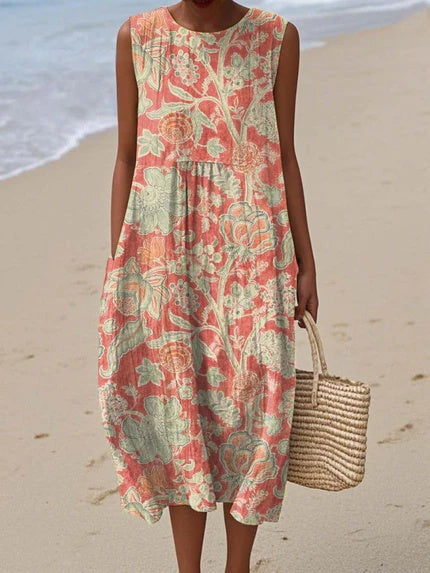 Effortless Luxurious Bohemian Antiqued Floral Print Pockets Silhouette Midi Dress