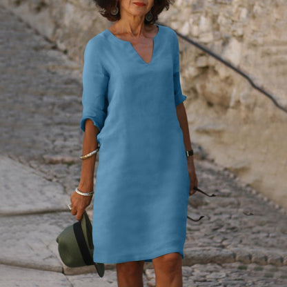Effortless V-Neck Linen Breathable Everyday Comfort Relaxed Fit Pretty Midi Dress