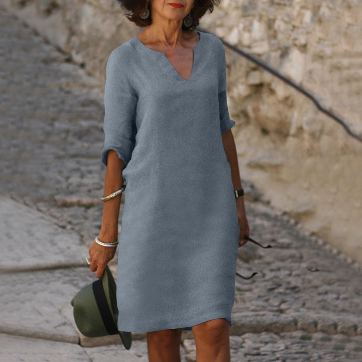 Effortless V-Neck Linen Breathable Everyday Comfort Relaxed Fit Pretty Midi Dress