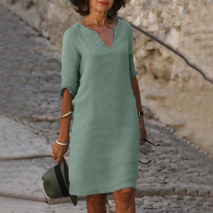 Effortless V-Neck Linen Breathable Everyday Comfort Relaxed Fit Pretty Midi Dress