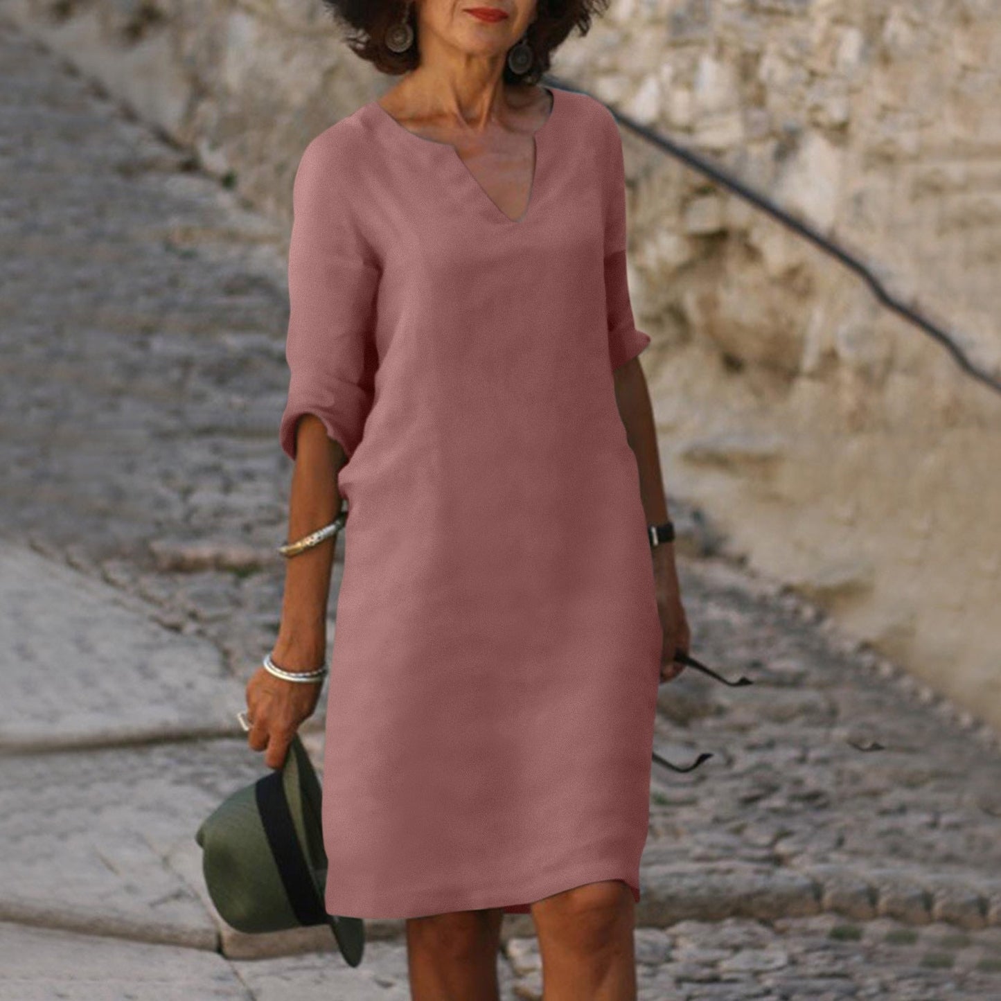 Effortless V-Neck Linen Breathable Everyday Comfort Relaxed Fit Pretty Midi Dress