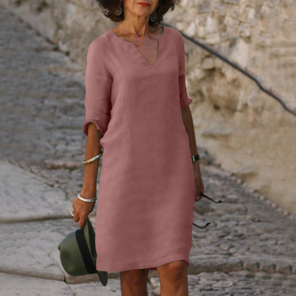 Effortless V-Neck Linen Breathable Everyday Comfort Relaxed Fit Pretty Midi Dress