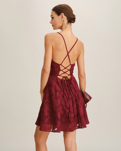Samantha | Floral Backless Slip Mini Dress for Women in Wine Red