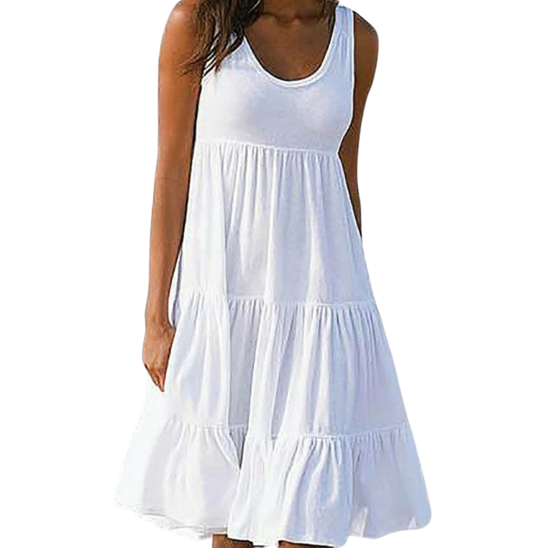 Effortless Boho Sleeveless Tiered Lightweight Linen-Blend Cascading Ruffles Midi Dress