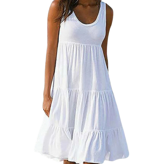 Effortless Boho Sleeveless Tiered Lightweight Linen-Blend Cascading Ruffles Midi Dress