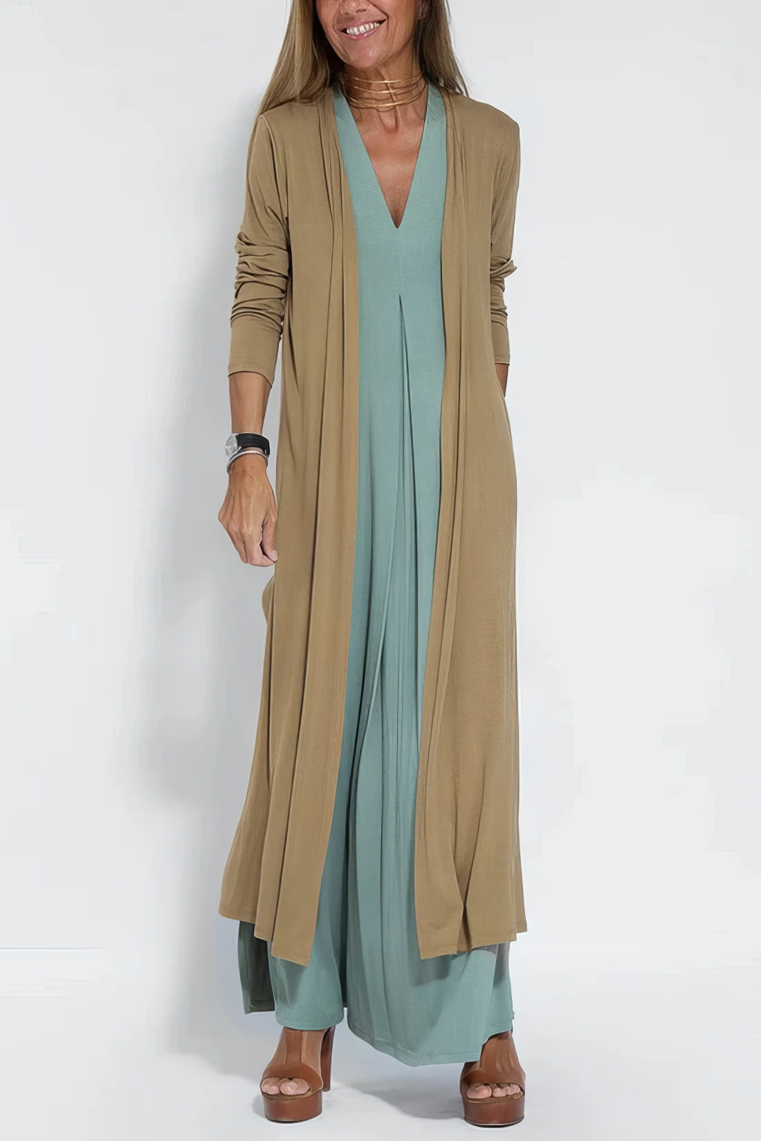 Women's Long Dress with Coordinated Cardigan and Versatile Style