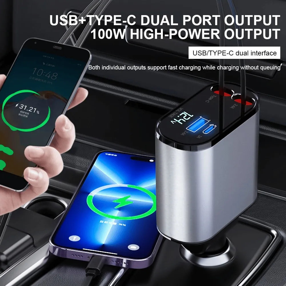 Fast Charge Retractable Car Charger（100W 4-in-1）