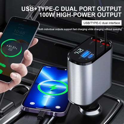 Fast Charge Retractable Car Charger（100W 4-in-1）