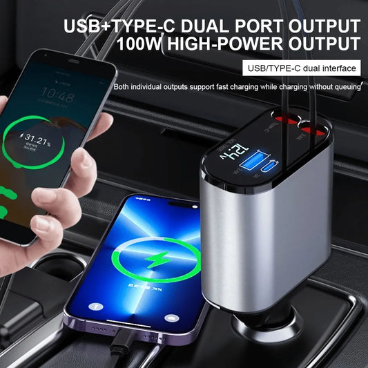 Fast Charge Retractable Car Charger（100W 4-in-1）